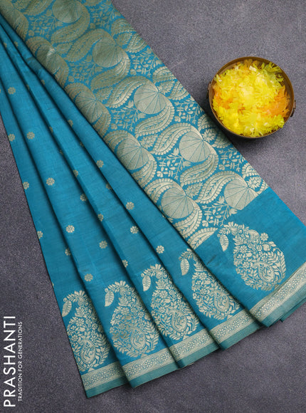 Semi raw silk saree teal blue with zari woven buttas and zari woven border