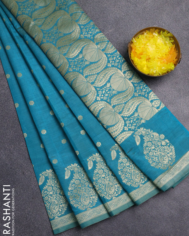 Semi raw silk saree teal blue with zari woven buttas and zari woven border