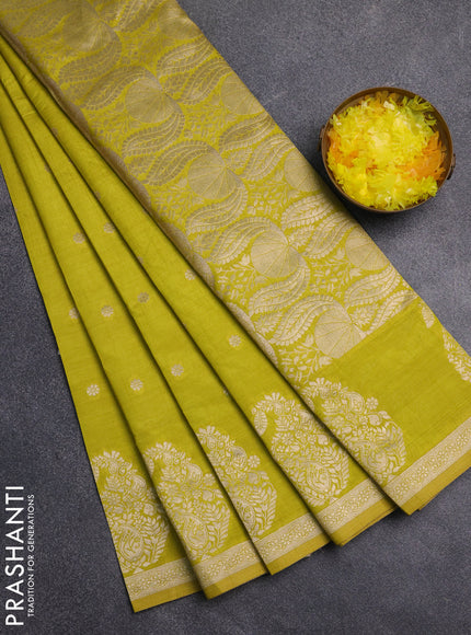 Semi raw silk saree lime yellow with zari woven buttas and zari woven border