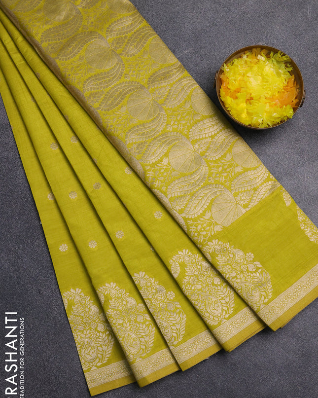 Semi raw silk saree lime yellow with zari woven buttas and zari woven border