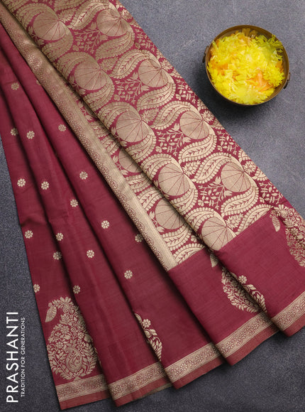 Semi raw silk saree wine shade with zari woven buttas and zari woven border