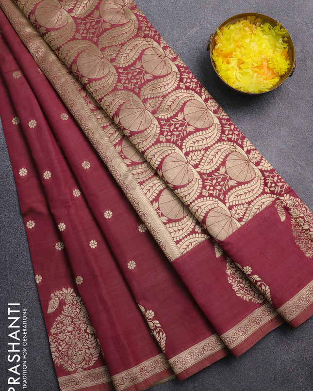 Semi raw silk saree wine shade with zari woven buttas and zari woven border