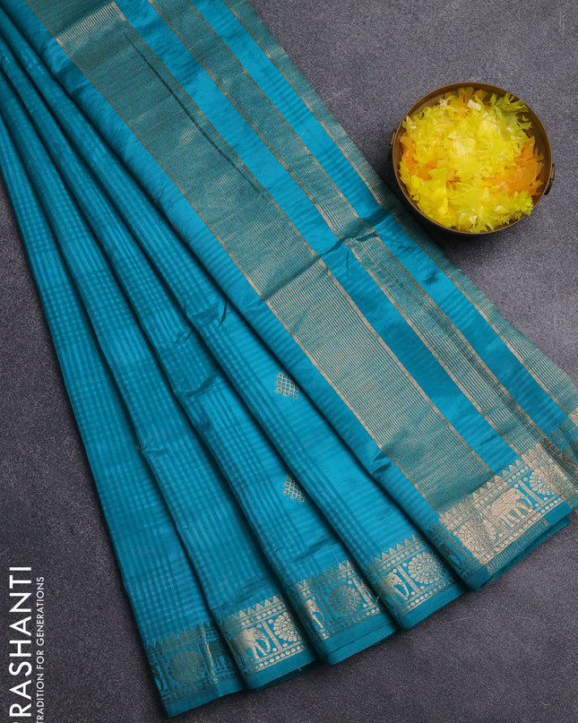 Semi raw silk saree teal blue with zari woven buttas and zari woven border
