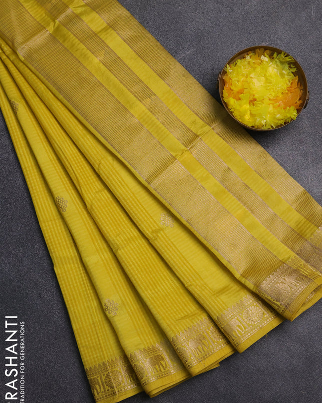 Semi raw silk saree lime yellow with zari woven buttas and zari woven border