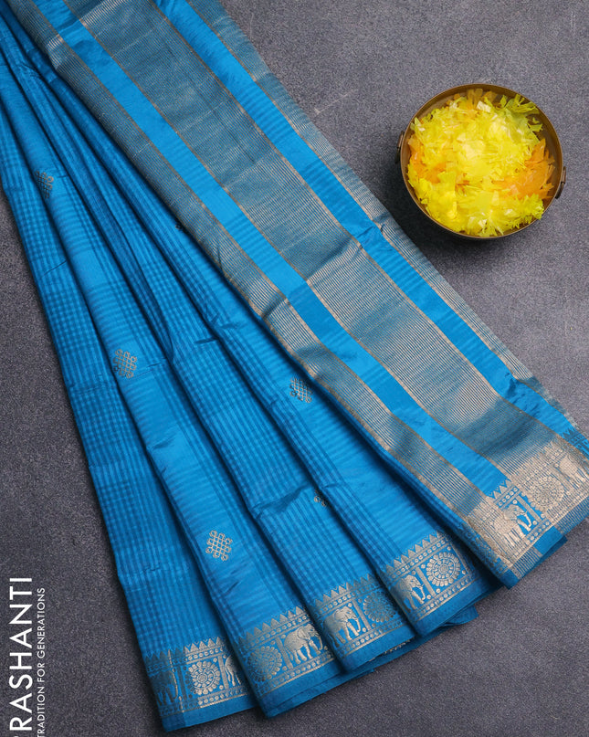 Semi raw silk saree cs blue with zari woven buttas and zari woven border