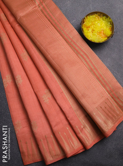 Semi raw silk saree peach orange with zari woven buttas and zari woven border