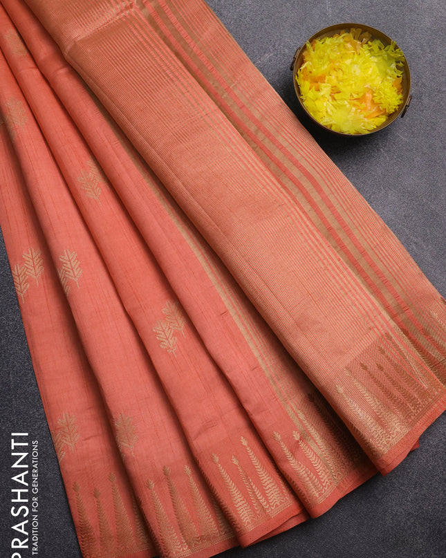 Semi raw silk saree peach orange with zari woven buttas and zari woven border