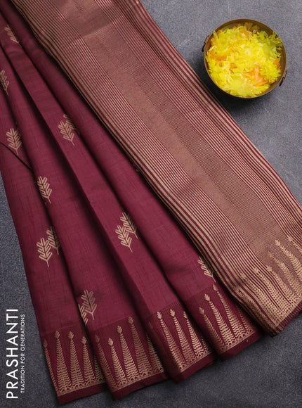 Semi raw silk saree deep wine with zari woven buttas and zari woven border