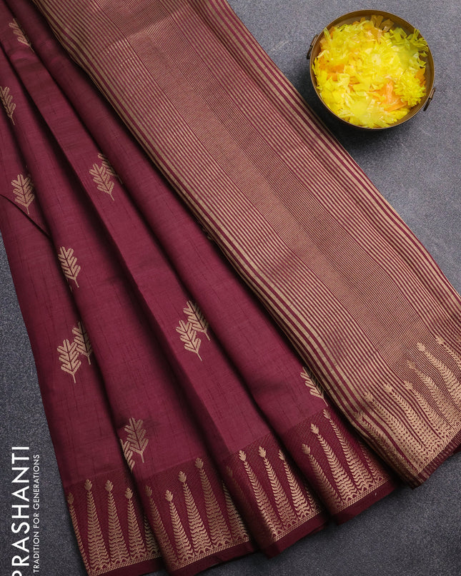 Semi raw silk saree deep wine with zari woven buttas and zari woven border