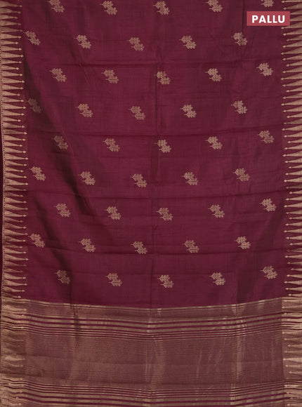 Semi raw silk saree deep wine with zari woven buttas and zari woven border