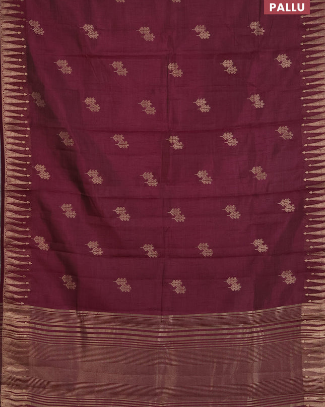 Semi raw silk saree deep wine with zari woven buttas and zari woven border