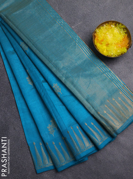 Semi raw silk saree cs blue with zari woven buttas and zari woven border