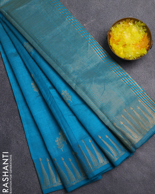 Semi raw silk saree cs blue with zari woven buttas and zari woven border