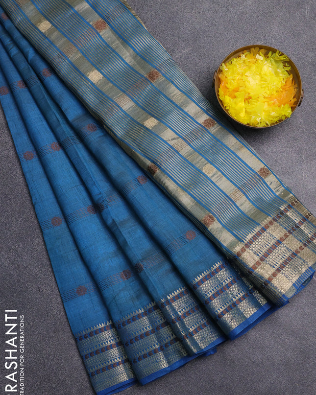 Semi raw silk saree cs blue with thread & zari woven buttas and zari woven border