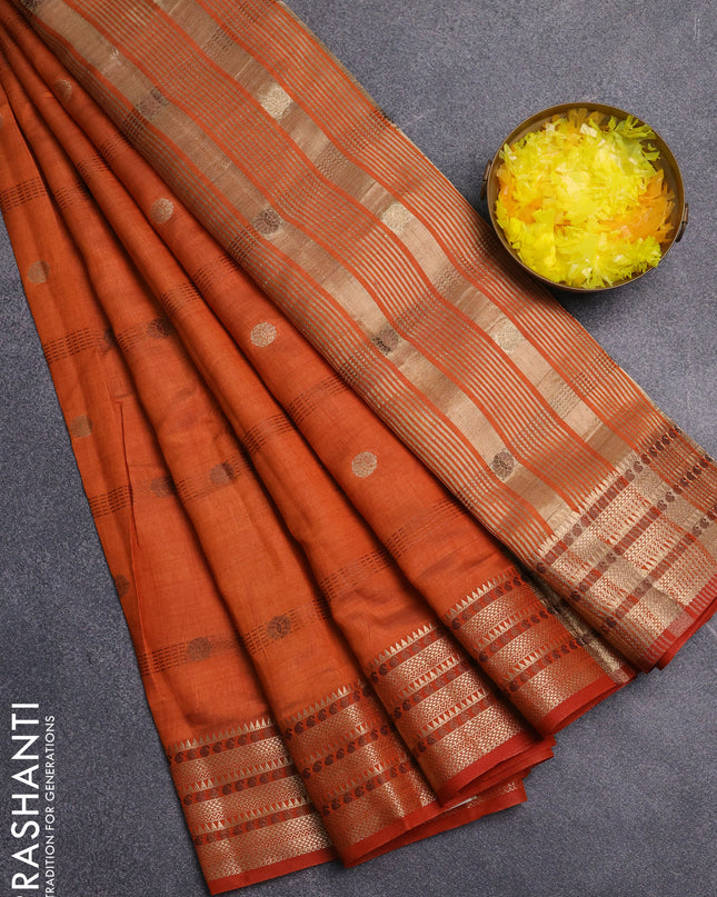Semi raw silk saree rust shade with thread & zari woven buttas and zari woven border
