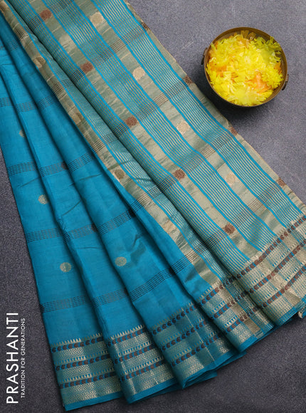 Semi raw silk saree cs blue with thread & zari woven buttas and zari woven border