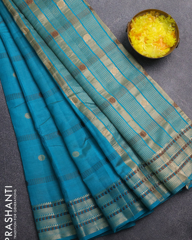 Semi raw silk saree cs blue with thread & zari woven buttas and zari woven border
