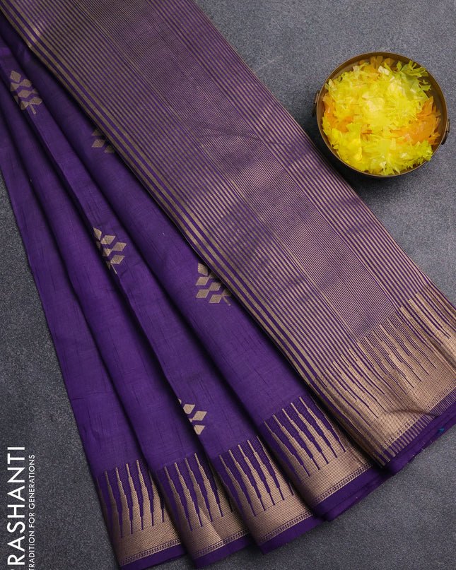 Semi raw silk saree violet with zari woven buttas and temple design zari woven border