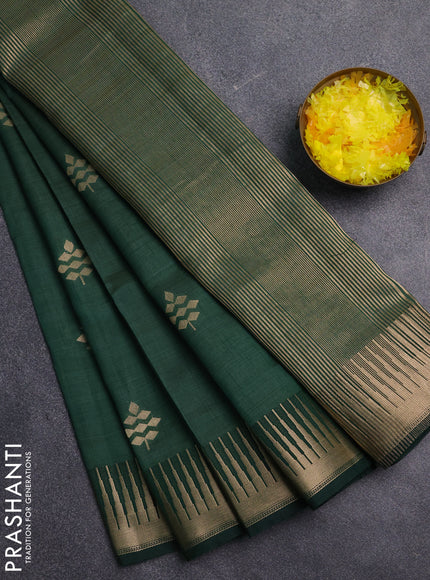 Semi raw silk saree dark green with zari woven buttas and temple design zari woven border