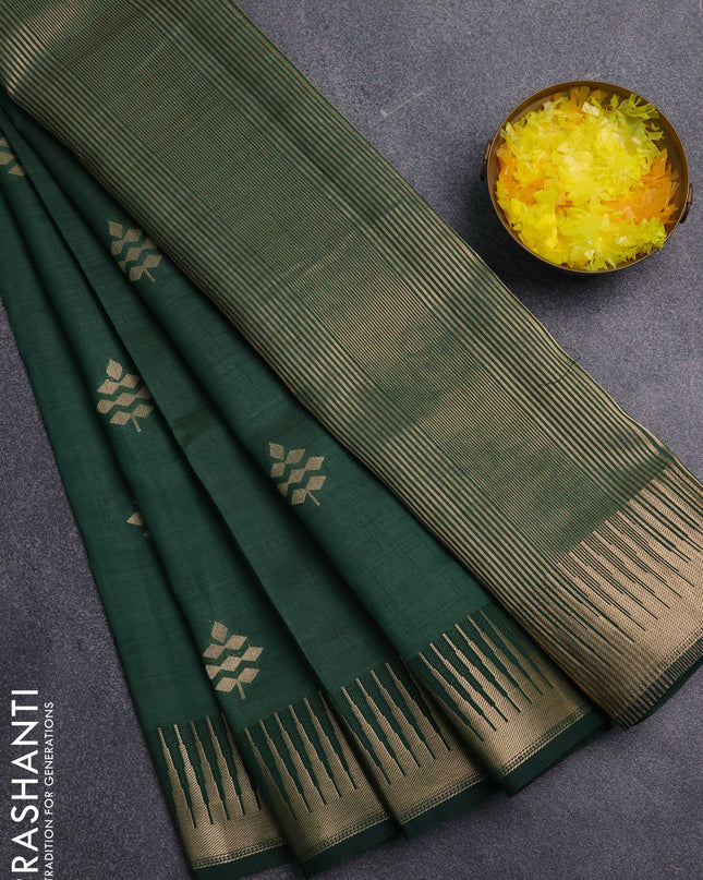 Semi raw silk saree dark green with zari woven buttas and temple design zari woven border