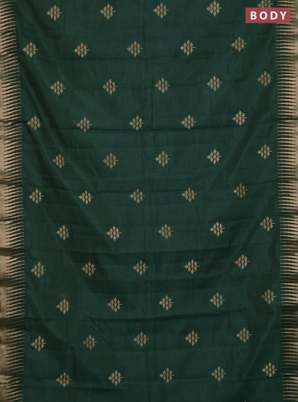 Semi raw silk saree dark green with zari woven buttas and temple design zari woven border