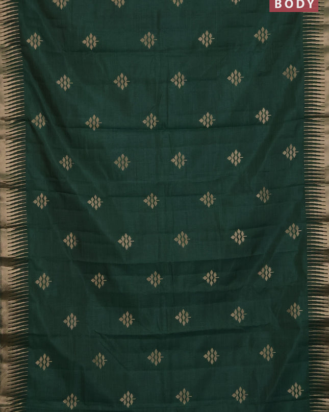 Semi raw silk saree dark green with zari woven buttas and temple design zari woven border