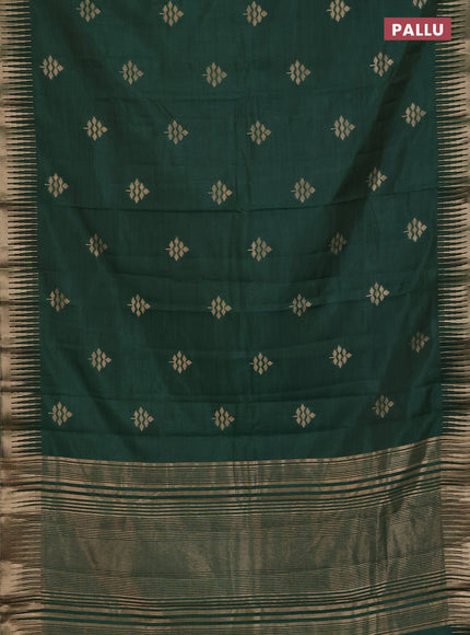 Semi raw silk saree dark green with zari woven buttas and temple design zari woven border