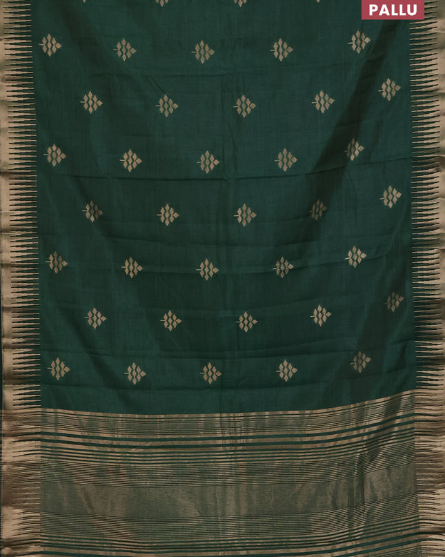 Semi raw silk saree dark green with zari woven buttas and temple design zari woven border
