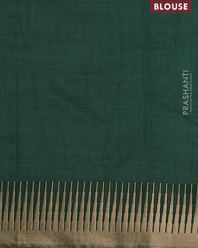 Semi raw silk saree dark green with zari woven buttas and temple design zari woven border
