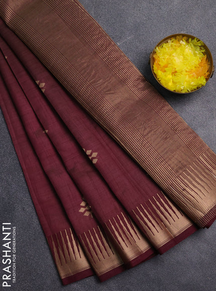 Semi raw silk saree wine shade with zari woven buttas and temple design zari woven border