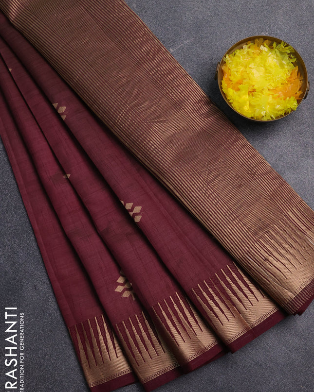 Semi raw silk saree wine shade with zari woven buttas and temple design zari woven border