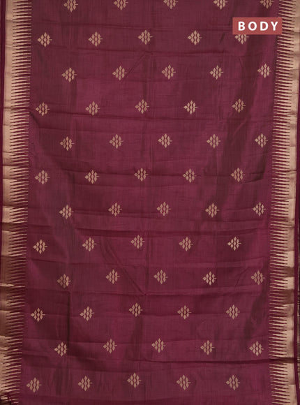 Semi raw silk saree wine shade with zari woven buttas and temple design zari woven border