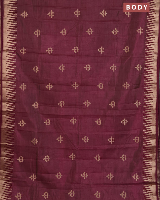 Semi raw silk saree wine shade with zari woven buttas and temple design zari woven border