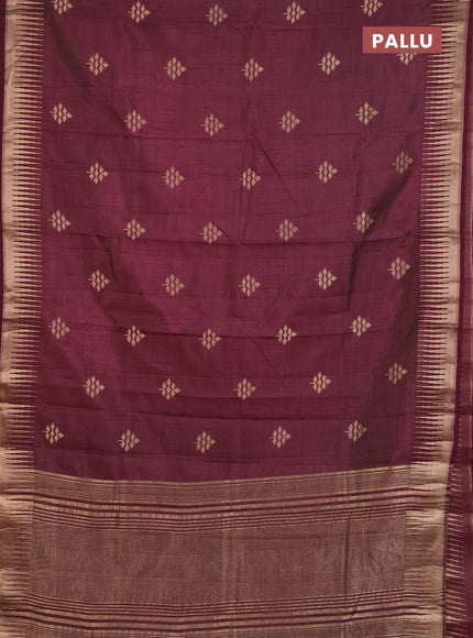 Semi raw silk saree wine shade with zari woven buttas and temple design zari woven border