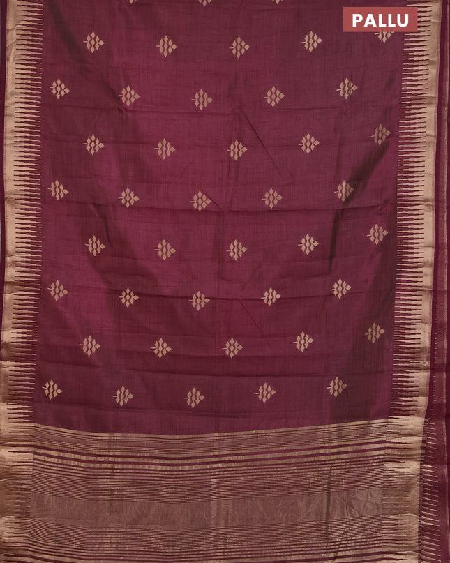 Semi raw silk saree wine shade with zari woven buttas and temple design zari woven border