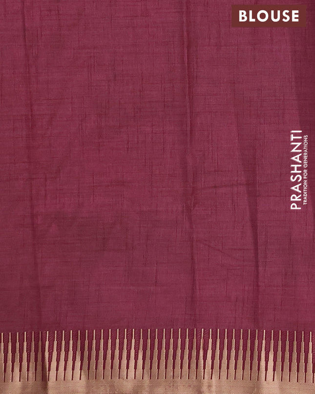 Semi raw silk saree wine shade with zari woven buttas and temple design zari woven border