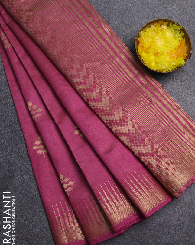 Semi raw silk saree mauve pink with zari woven buttas and temple design zari woven border