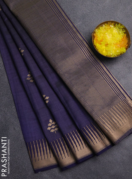 Semi raw silk saree navy blue with zari woven buttas and temple design zari woven border