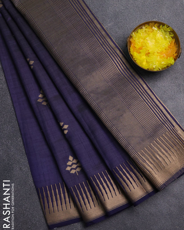 Semi raw silk saree navy blue with zari woven buttas and temple design zari woven border