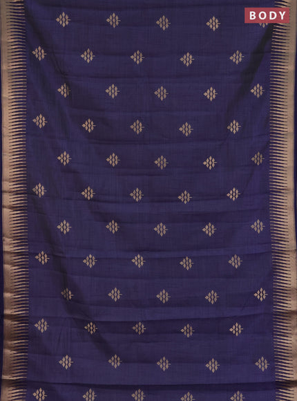 Semi raw silk saree navy blue with zari woven buttas and temple design zari woven border