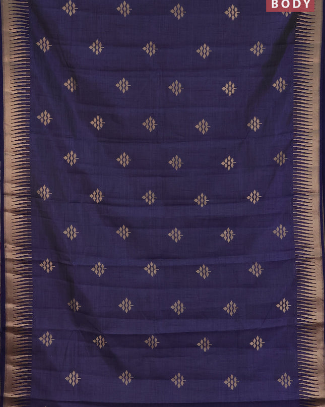 Semi raw silk saree navy blue with zari woven buttas and temple design zari woven border