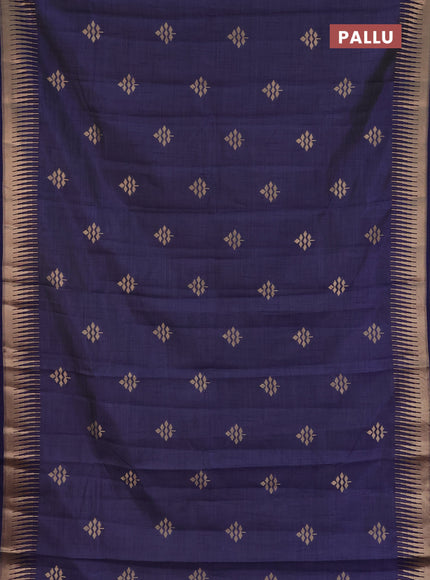Semi raw silk saree navy blue with zari woven buttas and temple design zari woven border