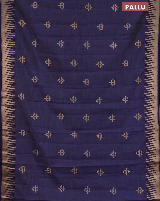 Semi raw silk saree navy blue with zari woven buttas and temple design zari woven border