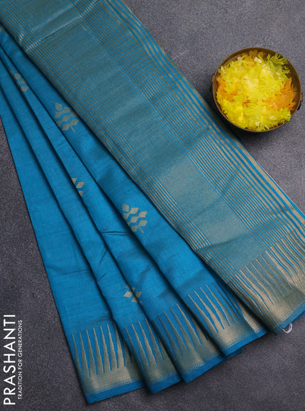 Semi raw silk saree cs blue with zari woven buttas and temple design zari woven border