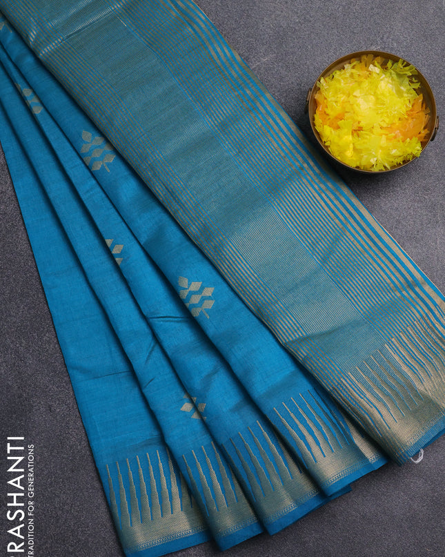 Semi raw silk saree cs blue with zari woven buttas and temple design zari woven border