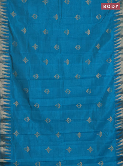 Semi raw silk saree cs blue with zari woven buttas and temple design zari woven border