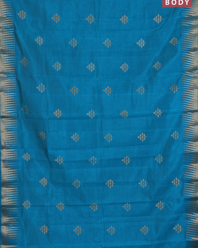 Semi raw silk saree cs blue with zari woven buttas and temple design zari woven border