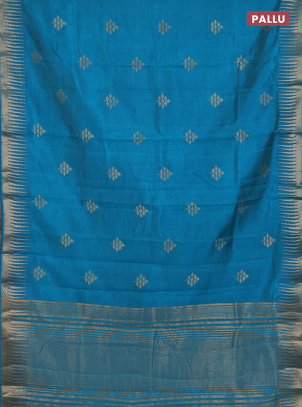 Semi raw silk saree cs blue with zari woven buttas and temple design zari woven border