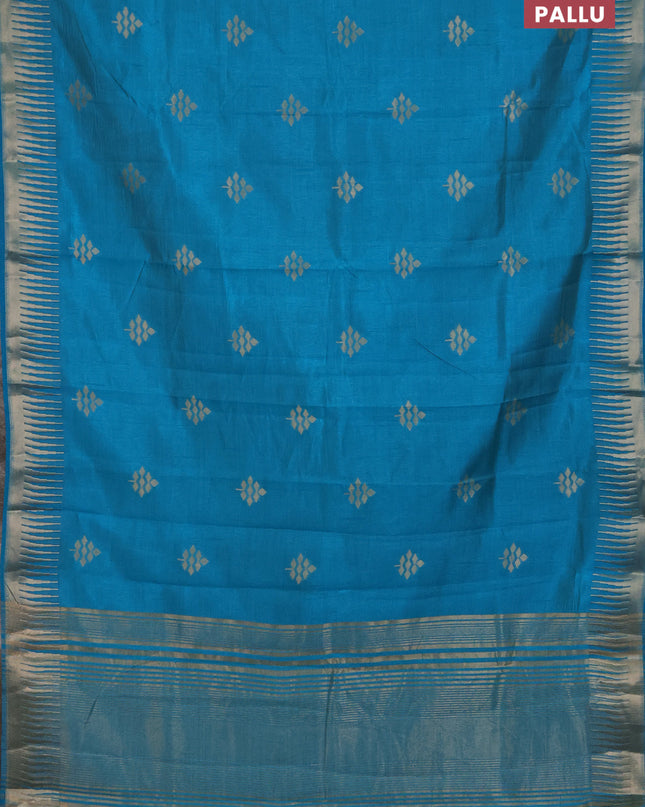 Semi raw silk saree cs blue with zari woven buttas and temple design zari woven border
