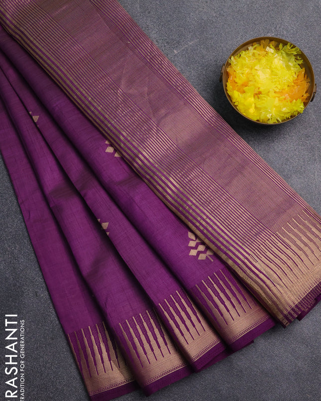 Semi raw silk saree violet with zari woven buttas and temple design zari woven border